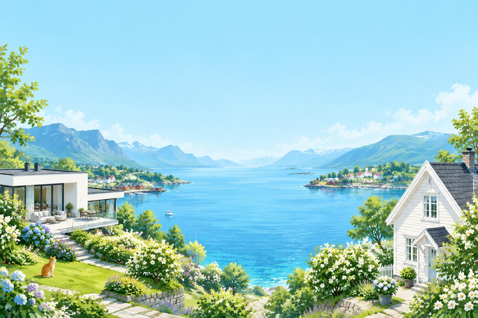 Norsk fjordlandskap med hvite boliger og grønne hager