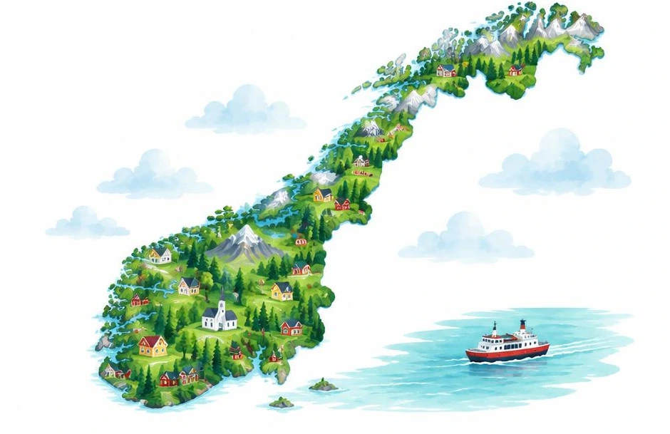 Illustrert norgeskart med boliger fra nord til sør